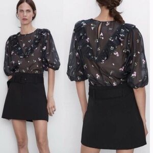 EUC Zara Black Floral Embroidered Sheer Blouse sz S